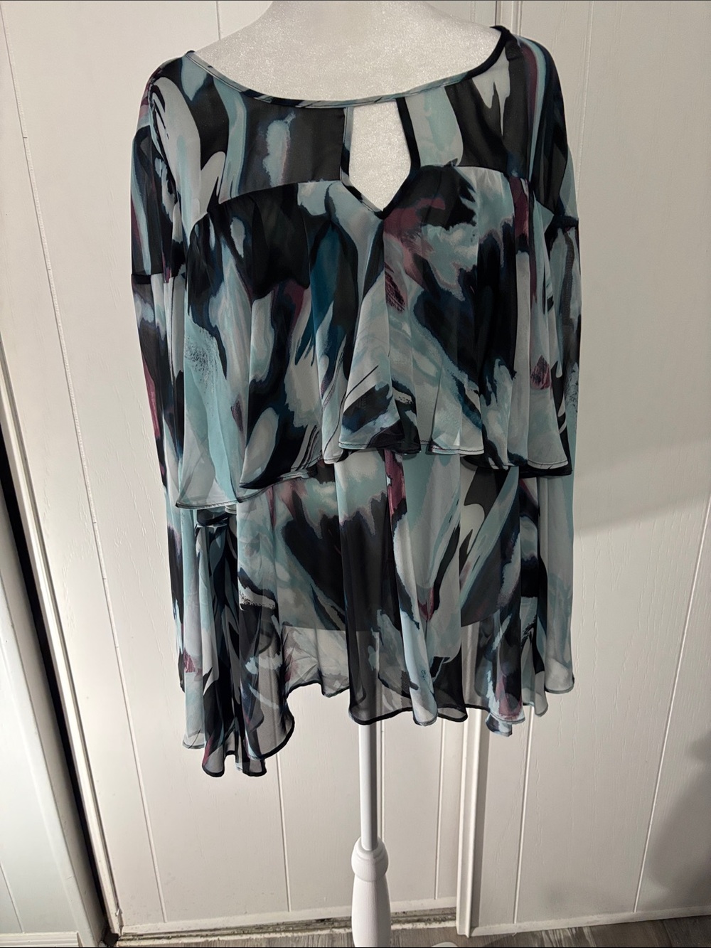 Jennifer Lopez Watercolor Ruffle Tier Blouse - Black, Teal & Mauve